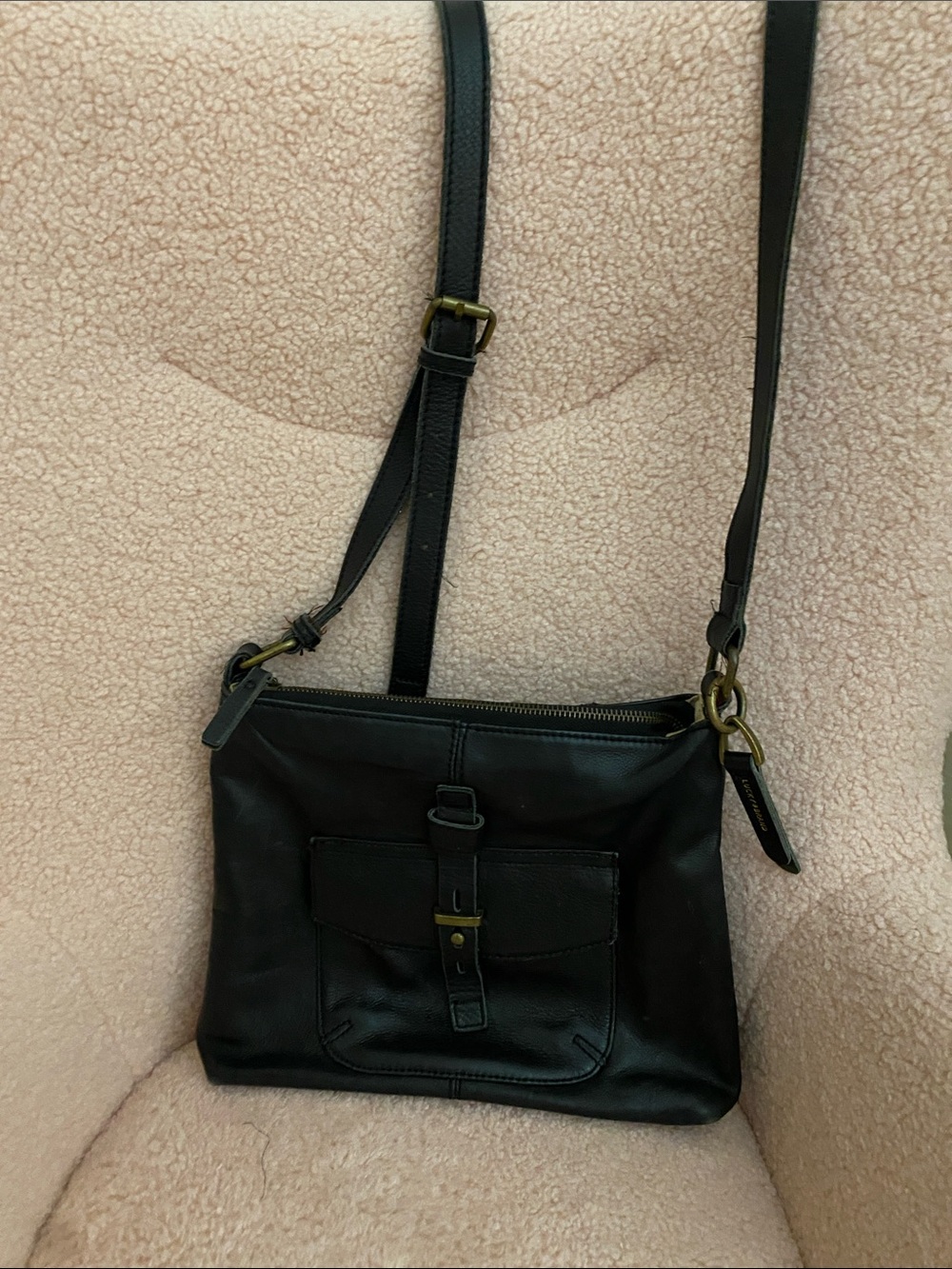 Lucky Brand Black Leather Crossbody with Front Buckle Pocket